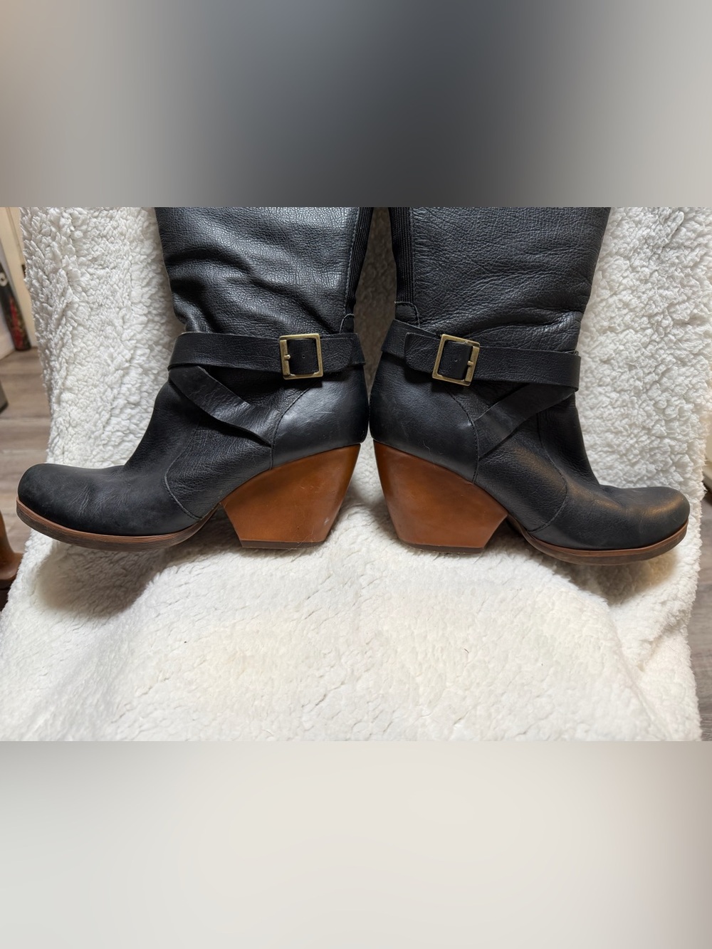 Kork Ease Tall Black Leather Wooden Heels Stretch Gusset Boots Sz 9 EU 40.5 Kork - Picture 6 of 11